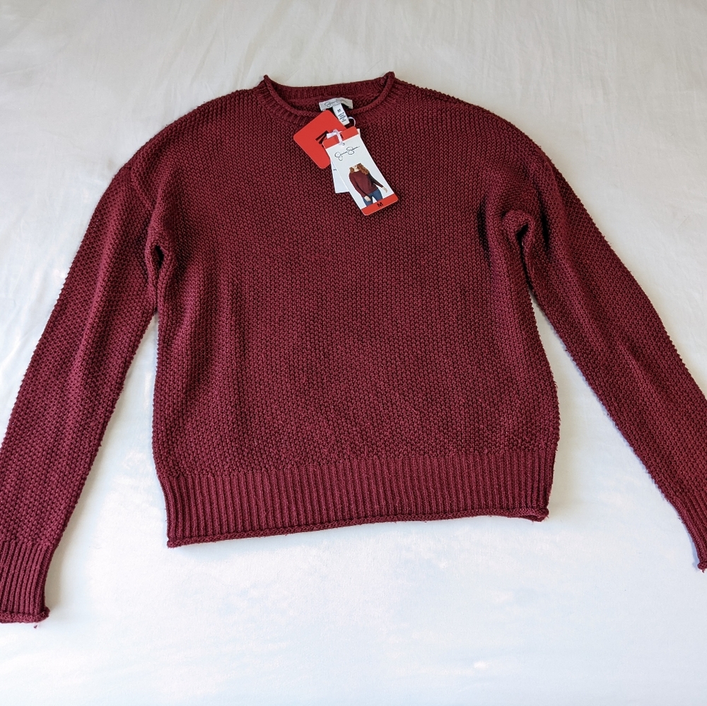 Jessica Simpson Cable Knit Sweater Crew Neck Maroon Size Medium New